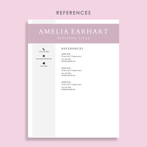 Pode incluir: Um modelo de curr&iacute;culo com um cabe&ccedil;alho roxo claro e texto preto. O cabe&ccedil;alho diz "Amelia Earhart" e "T&iacute;tulo do cargo". O curr&iacute;culo inclui informa&ccedil;&otilde;es de contato, refer&ecirc;ncias e uma se&ccedil;&atilde;o para listar refer&ecirc;ncias.