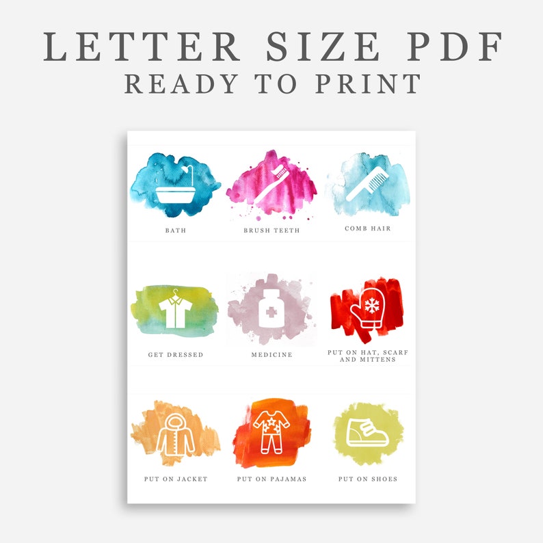 May include: A printable chart with nine watercolor-painted squares, each with a white outline of a daily routine activity. The activities include bath, brush teeth, comb hair, get dressed, medicine, put on hat, scarf and mittens, put on jacket, put on pajamas, and put on shoes.