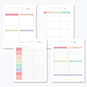 May include: Four printable pages for planning and organizing a unit study. The pages are color-coded with pastel pink, blue, green, and orange. The pages include sections for materials needed, activities, books, and notes.