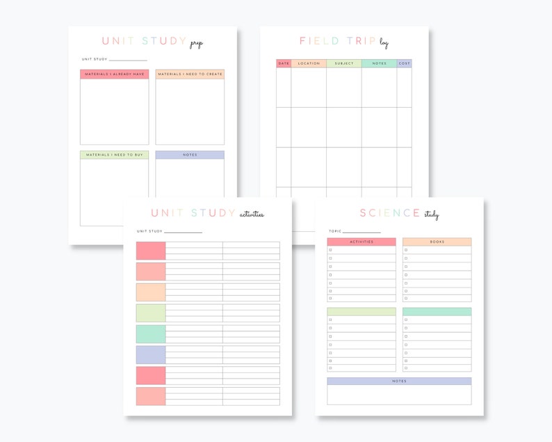 May include: Four printable pages for planning and organizing a unit study. The pages are color-coded with pastel pink, blue, green, and orange. The pages include sections for materials needed, activities, books, and notes.