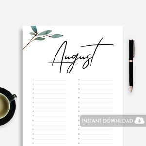 May include: A printable August calendar with a simple design featuring a watercolour illustration of green leaves and the word "August" written in black cursive script.