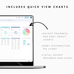 May include: A laptop screen displaying a spreadsheet with charts. The charts show debt payoff progress, debt distribution, and total payoff progress. The text "INCLUDES QUICK VIEW CHARTS" is at the top of the screen.