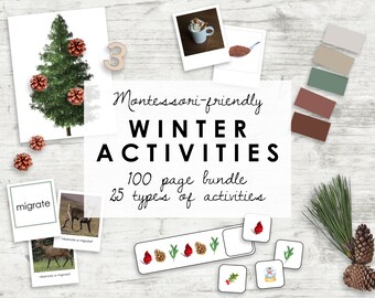 May include: A collection of Montessori-friendly winter activities. The image includes a watercolor illustration of a Christmas tree with pine cones, flashcards, and a variety of winter-themed illustrations. The text reads "WINTER ACTIVITIES 100 page bundle 25 types of activities."