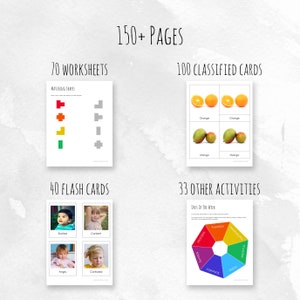 May include: A set of printable educational resources for children, including 70 worksheets, 100 classified cards, 40 flash cards, and 33 other activities. The resources cover a variety of topics, including matching shapes, days of the week, and emotions.