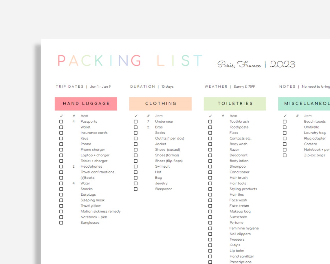 Packing List Template for Google Sheets - Etsy