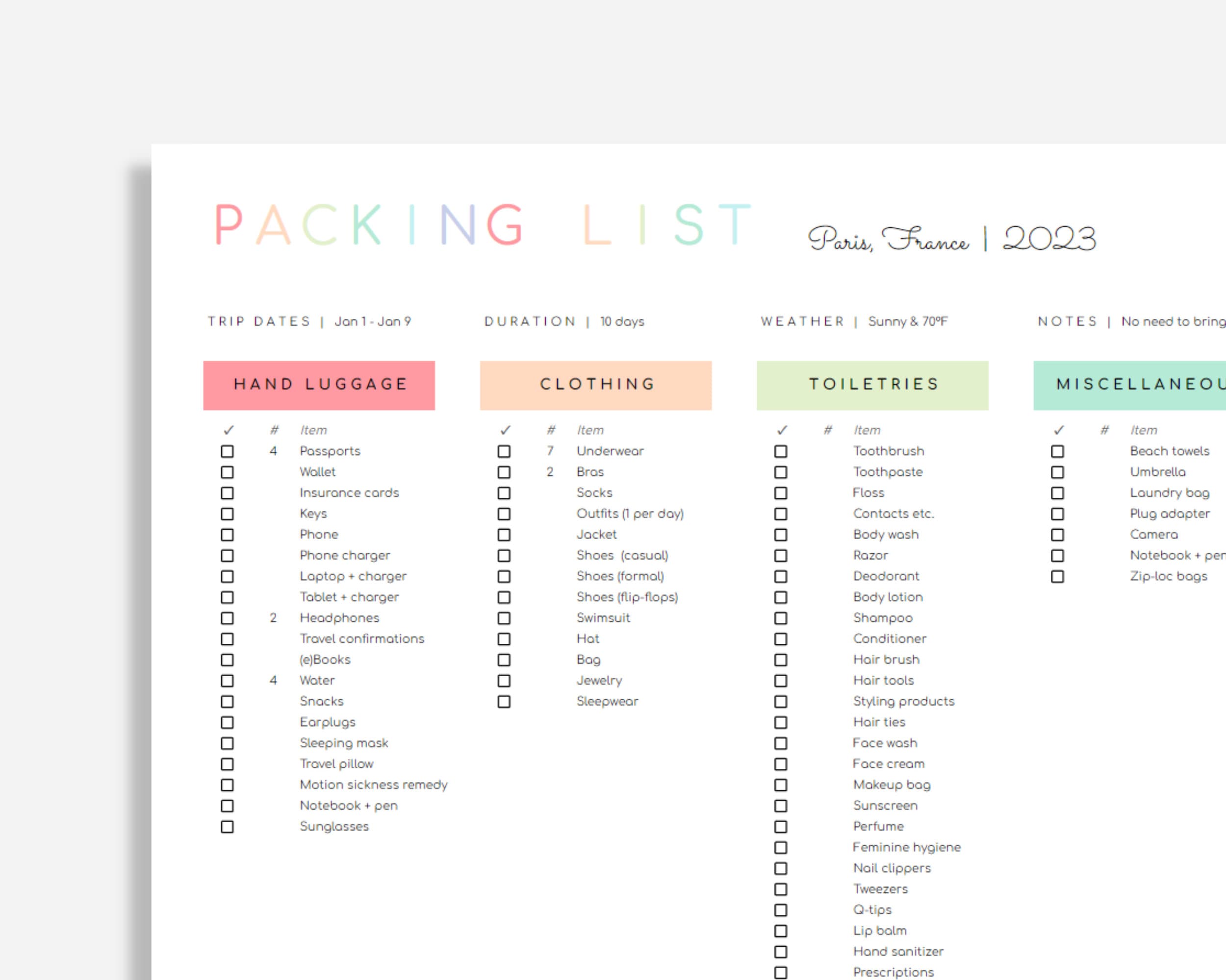 Packing List Template Google Sheets - Etsy Australia
