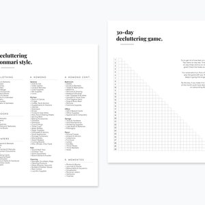 May include: A printable 30-day decluttering game with a grid to track progress. The game is based on the KonMari method, which involves decluttering by category. The categories are clothing, books, papers, komono, and mementos. The text on the page reads "30-day decluttering game." and "decluttering konmari style."