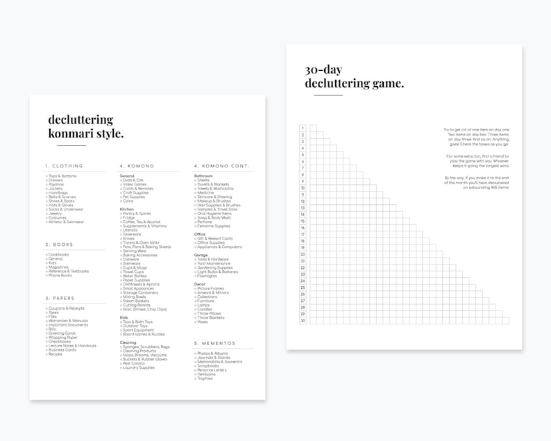 May include: A printable 30-day decluttering game with a grid to track progress. The game is based on the KonMari method, which involves decluttering by category. The categories are clothing, books, papers, komono, and mementos. The text on the page reads "30-day decluttering game." and "decluttering konmari style."