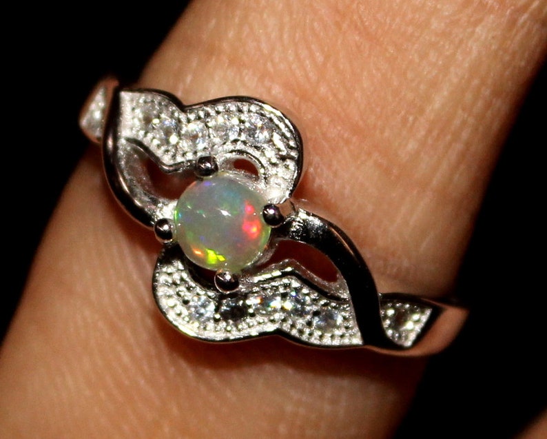 Art Deco Fire Opal Ring Cubic Zirconia Side Bypass Stylish Trendy Promise Engagement Ring 925 Sterling Silver Wedding Ring Womens Girls 9