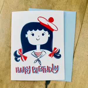 Sailor Girl verjaardagswenskaart Instant Download digitaal bestand nautisch 4,25 x 5,5 A2-envelop