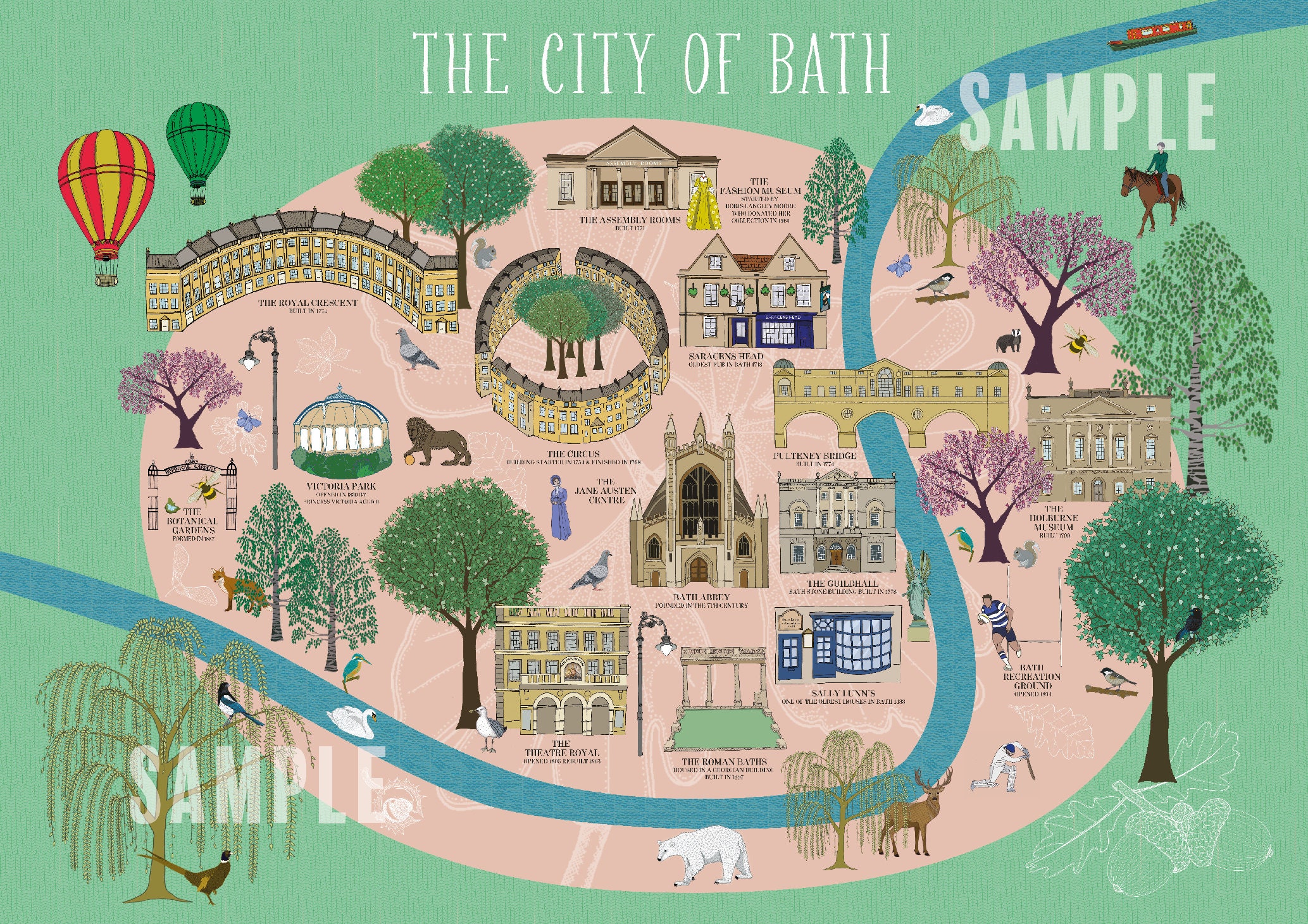 Illustrated Map of Bath UK A3 Print Etsy