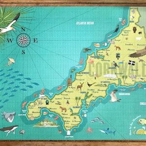 Puede incluir: Un mapa detallado de Cornualles, Inglaterra, con ilustraciones de la fauna y los lugares emblemáticos locales. El mapa está sobre un fondo turquesa con una rosa de los vientos, gaviotas y el texto "Atlantic Ocean" y "English Channel".