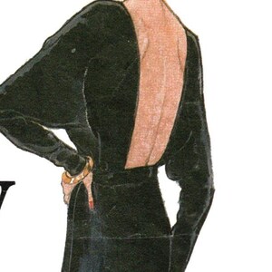 May include: Illustration of a woman in a black, long-sleeved gown with a low back and a high slit. The text reads "JOHN ANTHONY AMERICAN DESIGNER ORIGINAL" and "Very Easy Vogue".
