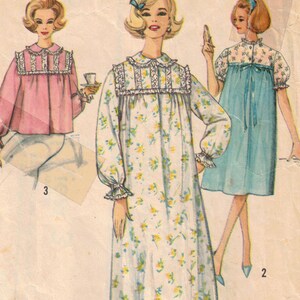 May include: Vintage Simplicity printed pattern 4171 featuring illustrations of three different nightgown designs. The pattern includes a long floral nightgown, a short blue nightgown, and a pink top with white pants. The pattern is for Miss size 16, bust 36.