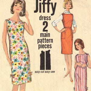 May include: Vintage Simplicity sewing pattern featuring a Jiffy dress design. The pattern includes two main pieces and is easy-cut and easy-sew. The bust size is 32 inches. The pattern is marked as 60c in the US and 75c in Canada.