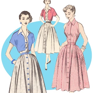 May include: Three vintage illustrations of women wearing different styles of dresses. The woman on the left is wearing a blue and white dress with a button-up front. The woman in the center is wearing a white dress with a red cropped cardigan. The woman on the right is wearing a pink and white striped dress with a button-up front.