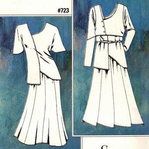 May include: A sewing pattern for an asymmetrical tunic, vest, and skirt. The pattern features two illustrations of the designs, with the text "Asymmetrical Tunic, Vest and Skirt" at the top. The pattern includes sizes XXS-4X.