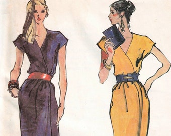 Size 12 HALSTON Designer Wrap Dress Sewing Pattern with Bias Skirt - McCall's 7012 - Vintage 1980
