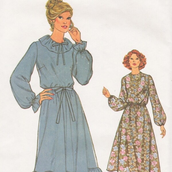 Size 14 Romantic Feminine Dress Sewing Pattern |- Long Sleeve Dress with Tie Belt, Ruffle Options - Simplicity 8719 Vintage 1978 | Uncut OOP