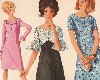 Bust 30.5" Mod Dress Sewing Pattern UNCUT - Shaped Bodice, Ruffle and Sleeves Options -  Simplicity 6292 Vintage 1965