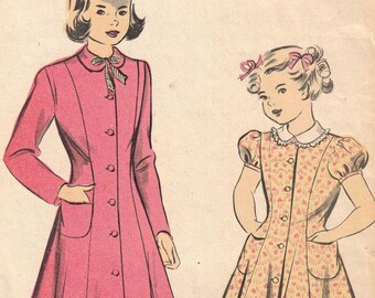 Girls 1940's Dress and Housecoat Sewing Pattern Advance 5295 - Vintage Size 8 Breast 26