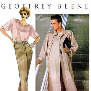 May include: A Geoffrey Beene Vogue sewing pattern illustration and photograph featuring a light pink short-sleeved blouse, tan high-waisted trousers, and a long, beige button-down trench coat. The ensemble includes a chain belt and dark loafers.