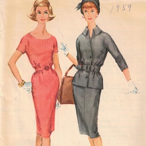 May include: Vintage McCall's printed pattern from 1959, featuring illustrations of two women in dresses and jackets. One woman wears a coral-colored dress, and the other a gray suit with a matching hat. The pattern number is 5245.