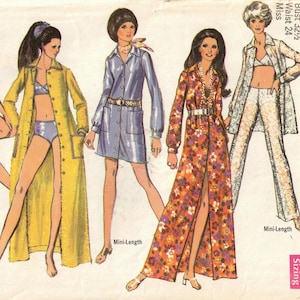 May include: Vintage Simplicity sewing pattern, number 8748, featuring illustrations of women's clothing. The pattern includes a bikini, a long yellow coat, a blue dress, a floral maxi dress, and a white pantsuit. The size is 10, with a bust of 32.5 inches and a waist of 24 inches.