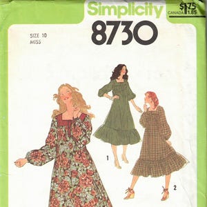 May include: Simplicity sewing pattern number 8730 for a dress. The pattern includes three different styles: a green dress with a ruffled hem, a plaid dress with a ruffled hem, and a floral print dress with a ruffled hem. The pattern is for misses sizes.