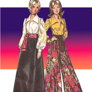 May include: A fashion illustration of two outfits. One features a white long-sleeved blouse with a red sash and a solid black floor-length skirt. The other features a yellow long-sleeved blouse with a brown sash and wide-leg floral print pants.