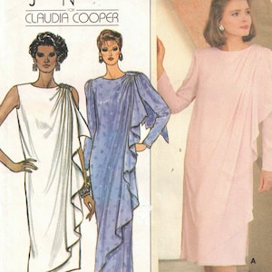 May include: A sewing pattern for a dress with a draped neckline and long sleeves. The pattern is by Butterick and designed by Jean Nidetch for Claudia Cooper. The pattern is for sizes 8-10-12.