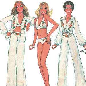 May include: Three women wearing different outfits. The woman on the left is wearing a white jacket with floral embroidery, a white crop top, a white belt with floral embroidery, and white wide-leg pants. The woman in the middle is wearing a white halter top with floral embroidery, a white bikini bottom with floral embroidery, and a white bracelet. The woman on the right is wearing a white blouse with floral embroidery, a white belt with floral embroidery, and white wide-leg pants.