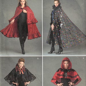 May include: Simplicity pattern 1294 features four cape designs. View B is a long red ruffled cape. View A is a long sheer black cape with colorful stars and feather trim. View D is a short black cape with a collar. View C is a short red hooded cape.