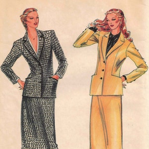 May include: A vintage sewing pattern for a two-piece suit. The pattern is for size 16 and features two women wearing the suit in black and white and yellow. The pattern is from Butterick and has the number 6975 on it.