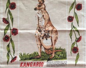 kangaroo vintage Dish Towel the bush handprinted 1970s AUSTRALIAN Souvenir Linen Roo Cotton Tea Towel kid and joey