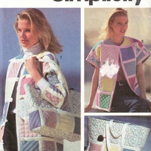 May include: Simplicity sewing pattern 7893, size A (PT-LG), featuring instructions for a quilted jacket and a matching tote bag. The designs use pastel-colored patchwork fabric squares with floral and solid patterns, including toggle closures.