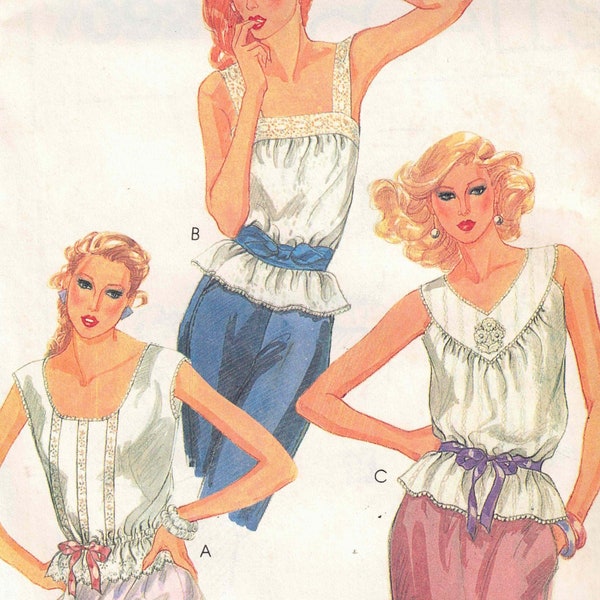 Sz 8 or 10 Set of 3 Sleeveless Tops Sewing Pattern / Sexy Feminine Camisole Tops, Peplum / Vintage 1980 McCalls 7092 Uncut RARE