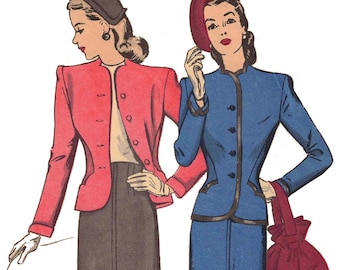 May include: Two women wearing matching skirt suits. The woman on the left is wearing a red jacket and a brown skirt. The woman on the right is wearing a blue jacket and a blue skirt. Both women are wearing hats and have their hair styled in a similar way.
