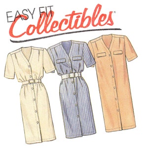 May include: Three button-down dresses with short sleeves. The dress on the left is a light beige color, the middle dress is a blue and white striped pattern, and the dress on the right is a light brown color. All three dresses have a belt and a v-neck.