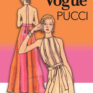 May include: A vintage sewing pattern illustration titled Vogue PUCCI featuring two views of a floor-length dress. One view shows a backless halter-style dress with vertical orange and pink panels, while the other shows a front view of a light-colored dress.
