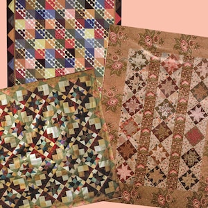 May include: Three colorful quilts with intricate patchwork designs. One quilt features a geometric pattern of triangles in various colors. Another showcases a star pattern with a floral border. The third quilt has a diamond and star pattern.