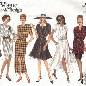 May include: Vogue basic design sewing pattern 1075. The pattern features five different dress designs. The dresses include button-down styles, with various sleeve lengths and patterns, including stripes, plaid, and animal print. Sizes 8-10-12.