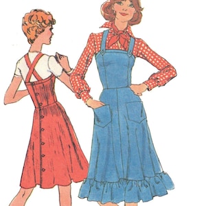 May include: Illustration of two figures in vintage clothing. One figure wears a red dress with a button-up front and white shirt. The other figure wears a blue denim jumper dress over a red and white polka dot shirt. Both figures are wearing shoes.