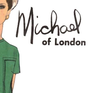 May include: Illustration of a woman in a green dress with a gold belt and matching buttons. The dress has short sleeves and a knee-length hem. The woman is wearing a white hat, gloves, and holding a brown purse. The text "Michael of London" is in the upper right corner.
