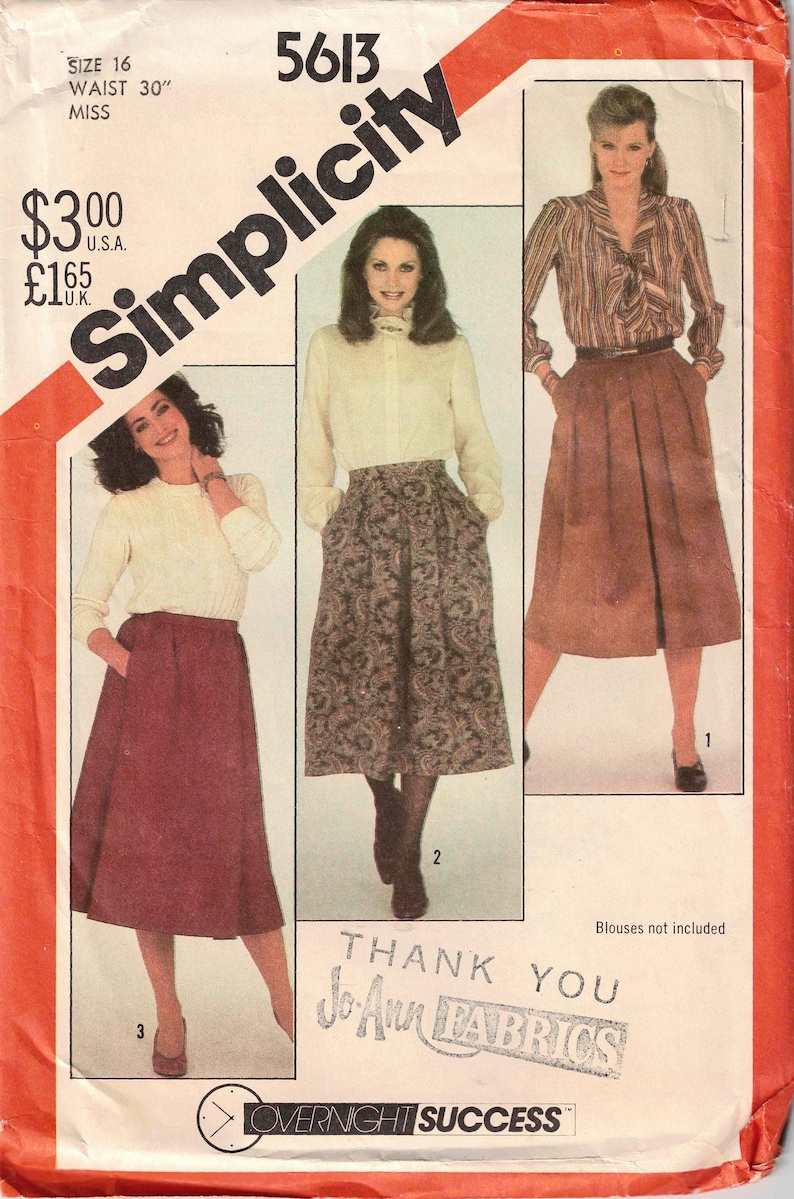 Waist 30 Set of Skirts Sewing Pattern 3 Styles with Waistband & Pockets Simplicity 5613 UNCUT Size 16 Vintage 1982 image 1