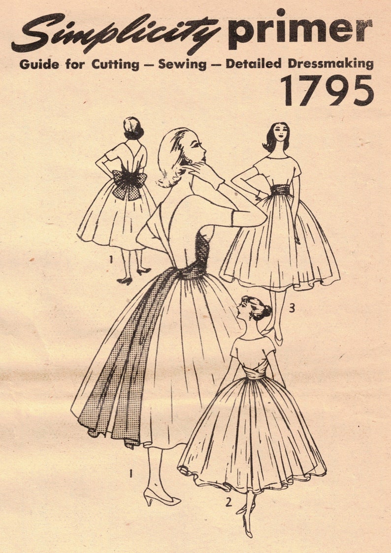 Bust 34 Rockabilly Party Dress Sewing Pattern Full Skirt with Cummerbund Cocktail Dress Simplicity 1795 Original Vintage 1956 image 3