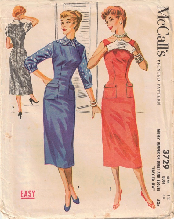 Bust 30 Form Fitting Dress or Jumper & Blouse Sewing Pattern - Mccall's  3729 Vintage 1956 - Easy Sew - Etsy