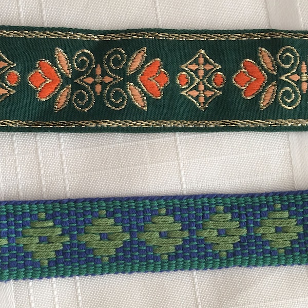 VINTAGE FABRIC TRIM 2.00 per yard / Embroidered Green with Orange Floral Motif (1-1/2" wide) or Woven Green & Blue Diamond Motif (1" wide)