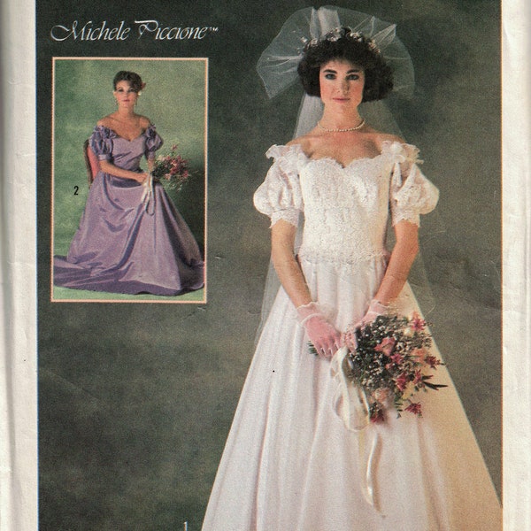 Size 6 Michele Piccone Wedding Dress UNCUT Pattern - Off Shoulder Designer Gown with Train - Simplicity 6763 Vintage 1984