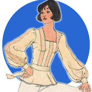 May include: Illustration of a woman in a cream-colored blouse with long, puffed sleeves and a square neckline. The blouse features peach-colored lace detailing and a matching belt. The woman is wearing white pants and has short, dark hair. The background is a blue circle.